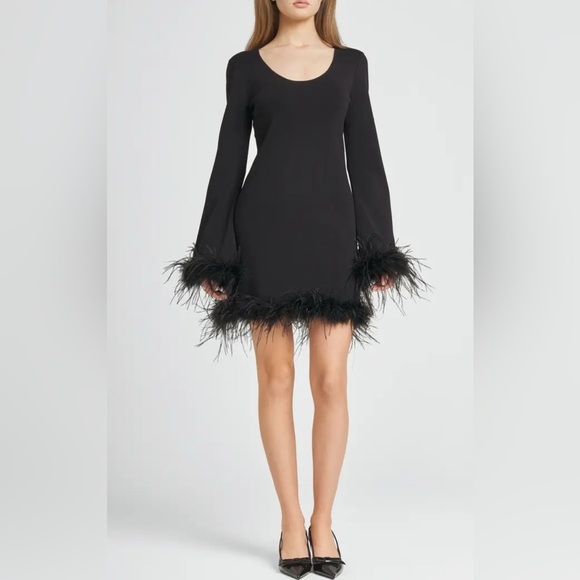 NWT WAYF Black Karlie Feather Trim Long Sleeve Women’s Minidress Size X-Small - Picture 1 of 6